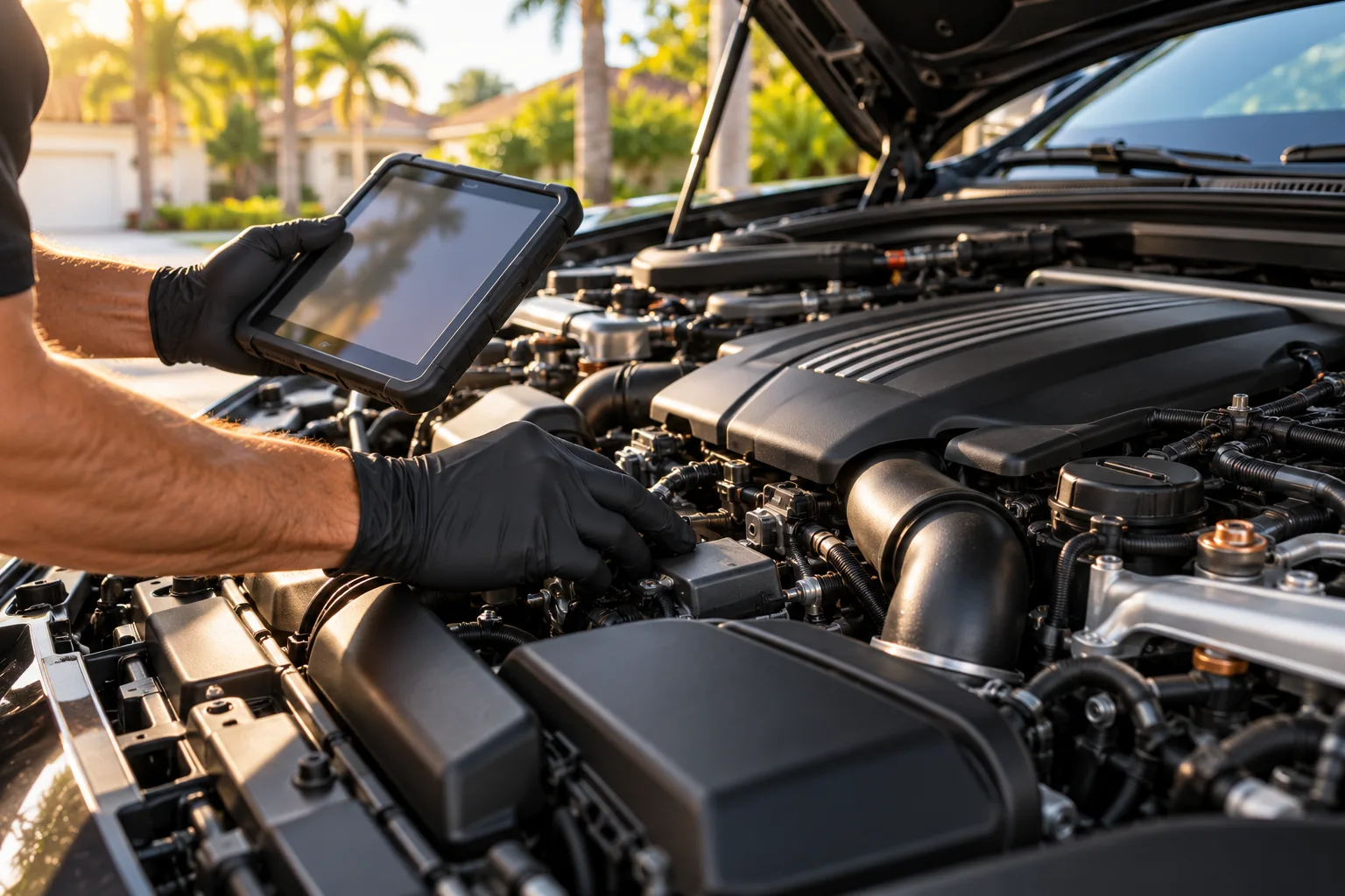 AI illustration of gloved hands inspecting an engine with a diagnostic tablet